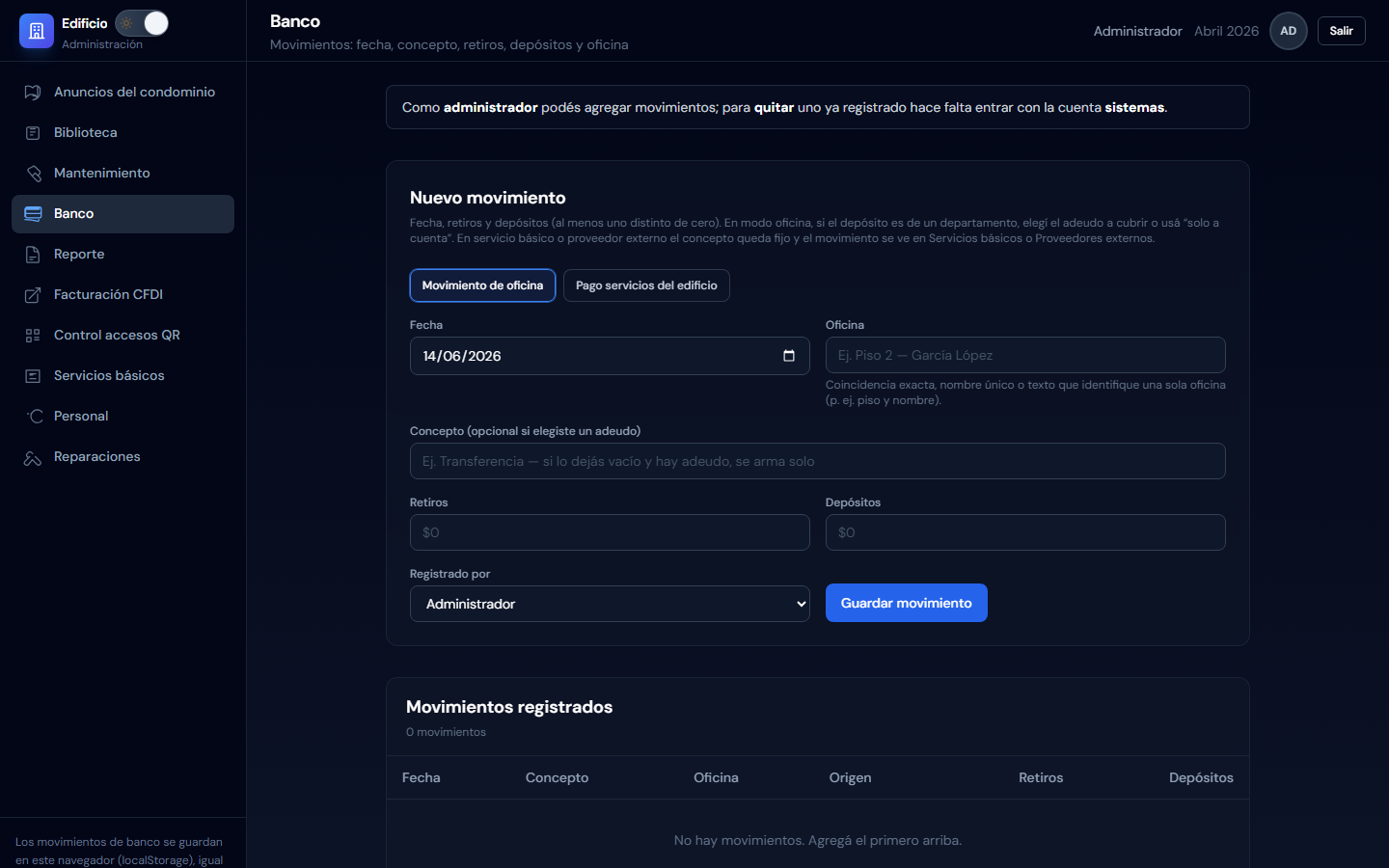 Registro de movimientos bancarios del edificio