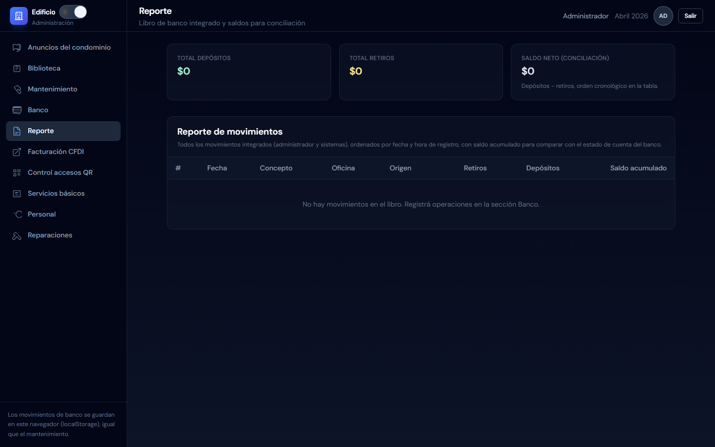 Reporte integrado con saldos acumulados